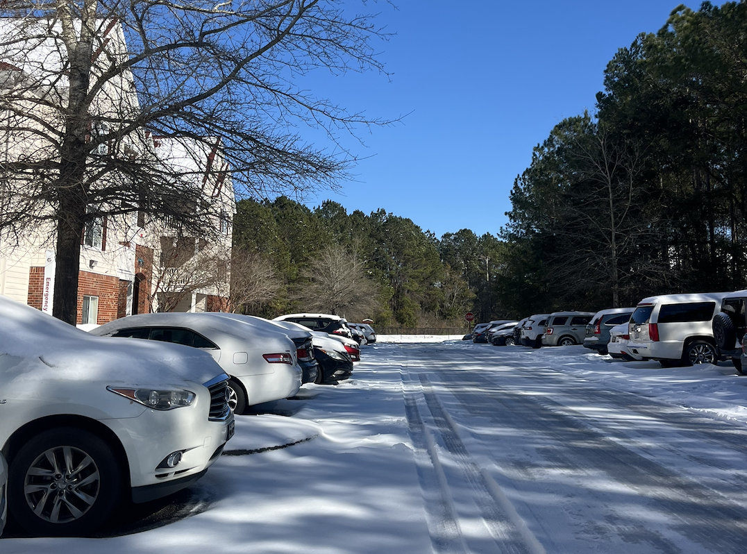 Road conditions inside University Place, an off-campus student residency hall found off of Hwy 544.